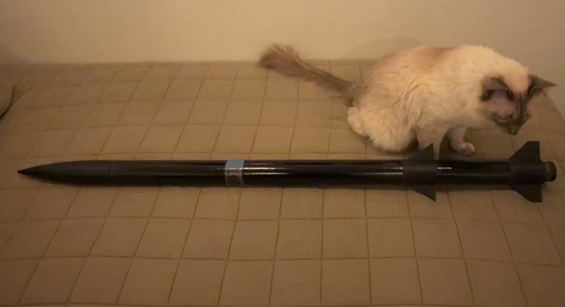 Completed rocket airframe on the floor, with a cat sitting beside it for scale