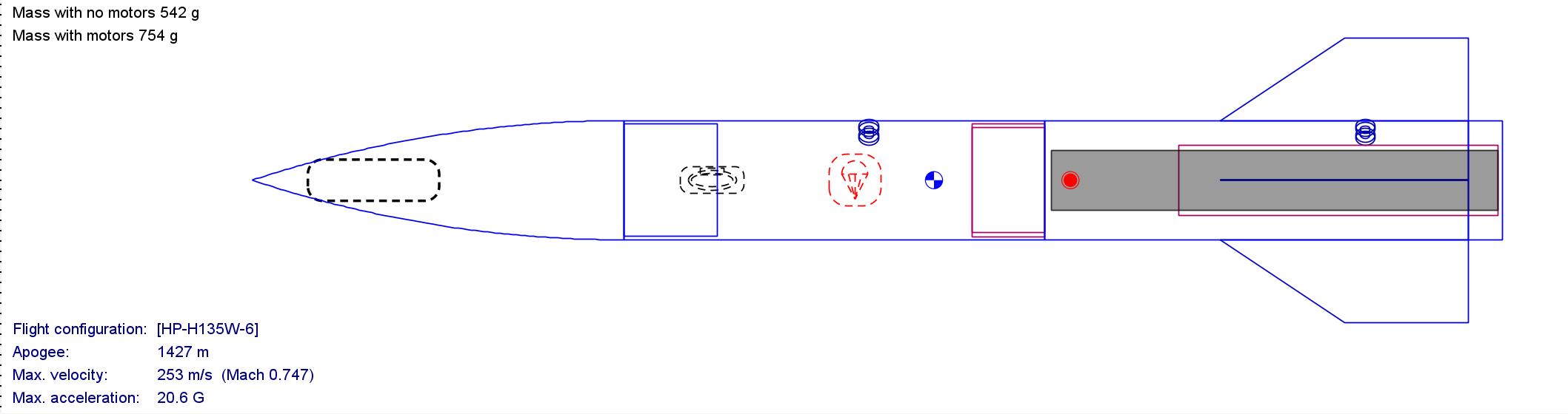 OpenRocket single-stage layout diagram with mass, apogee, and velocity readouts