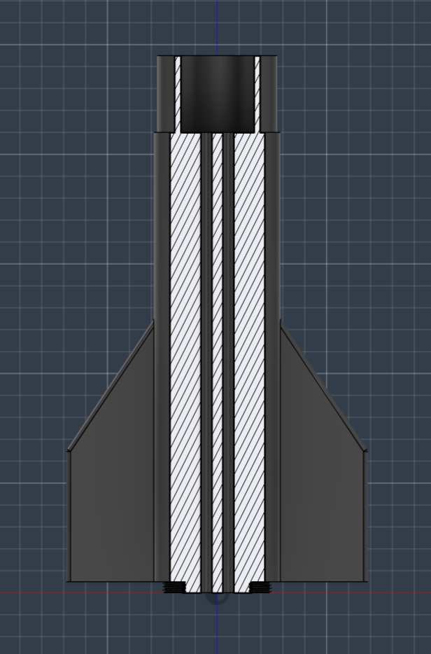 Fin can section view in Fusion 360, showing wall thickness and motor mount tube
